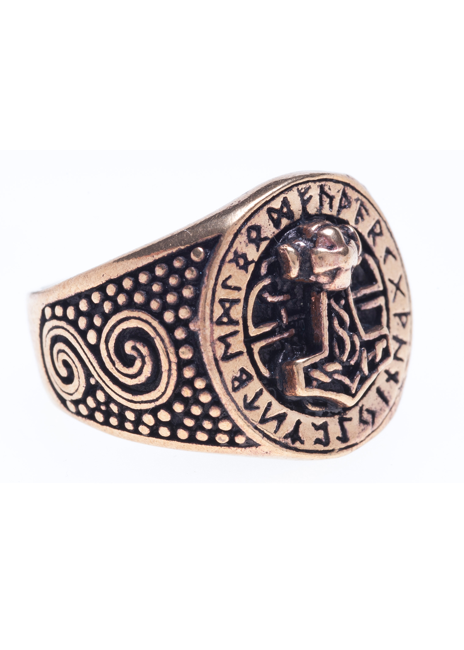 Bronzener Wikingerring mit Runen und Thorshammer, Ringgröße 22/70
