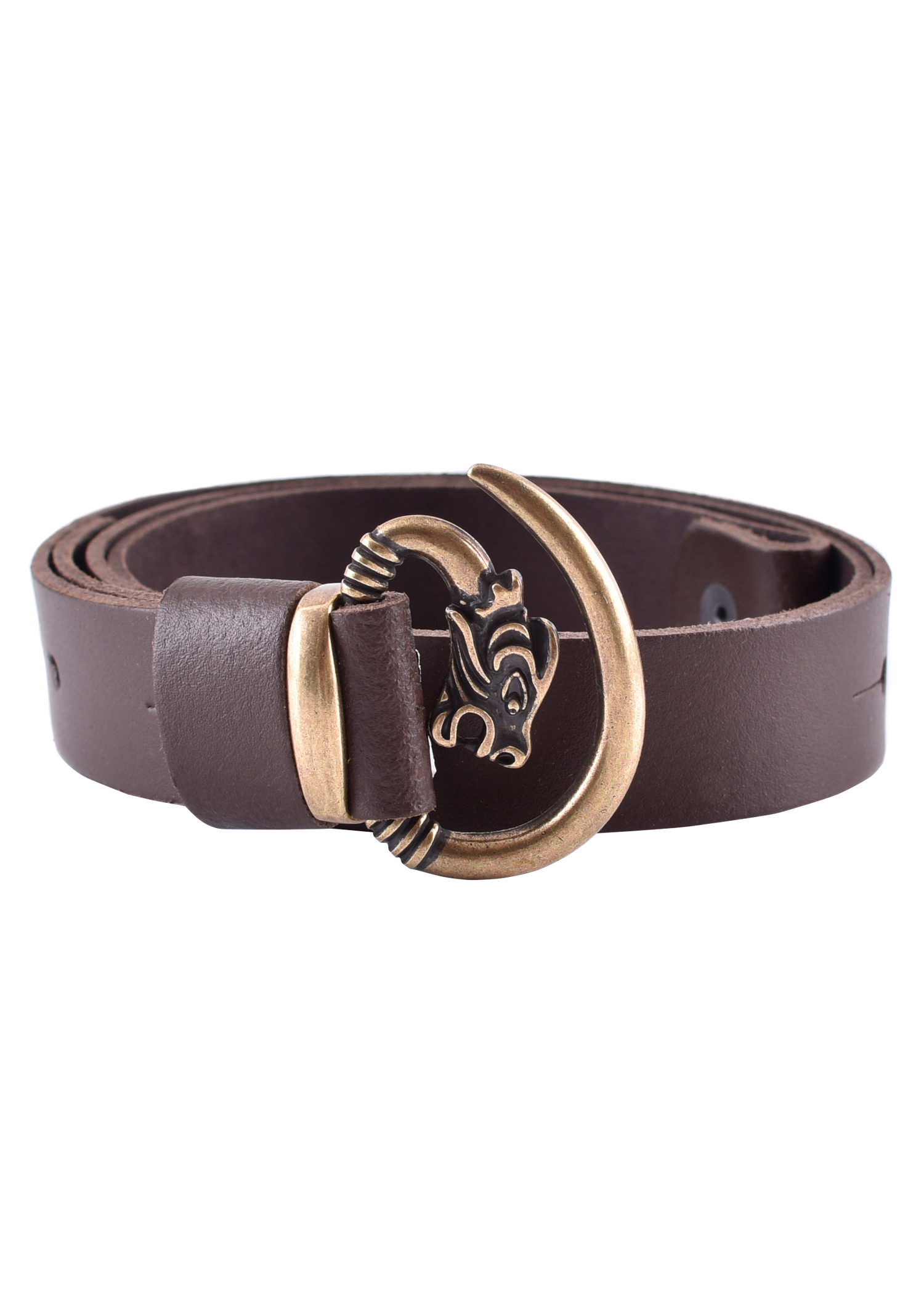 Ledergürtel braun mit Wolfskopf - Schnalle bronzefarben, Länge 100 cm