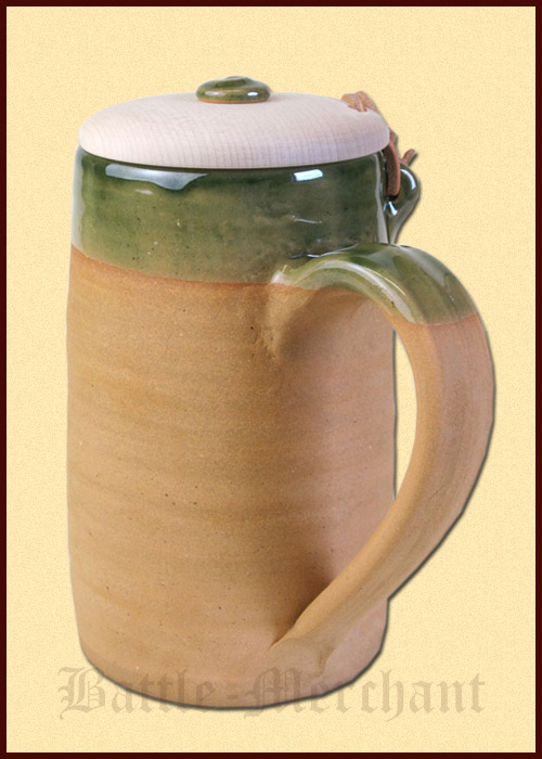 Historischer Bierkrug aus Ton, 1,0 Liter mit Holzklappdeckel