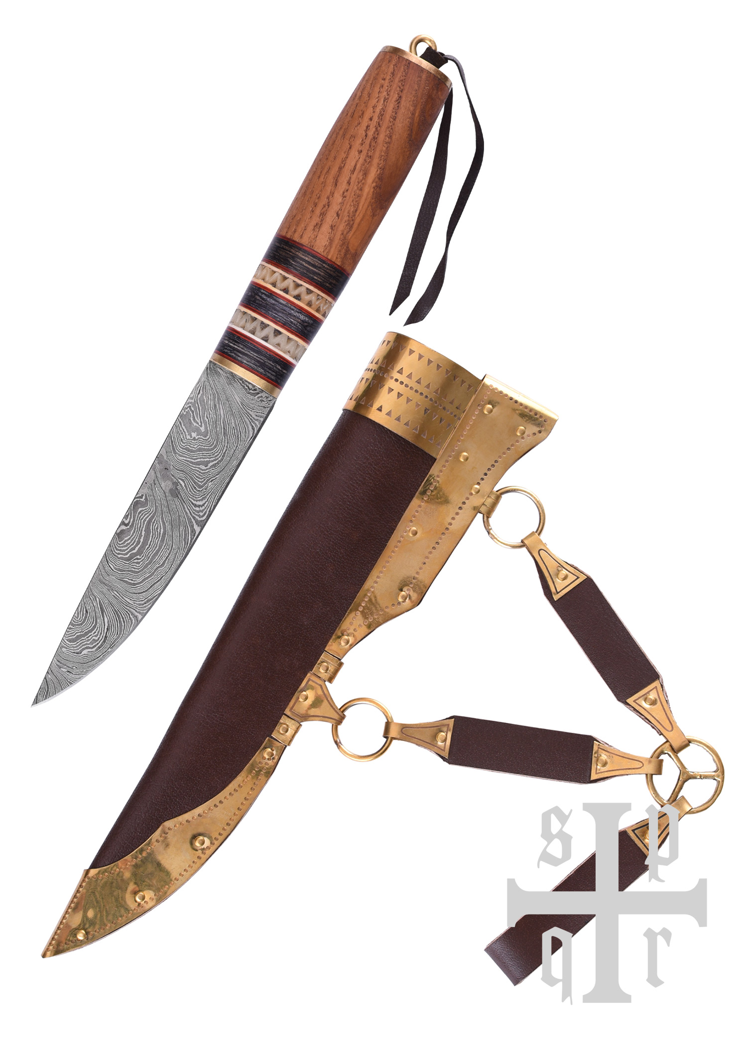 Wikinger-Messer aus Damaststahl, Holzgriff mit Knochenbesatz