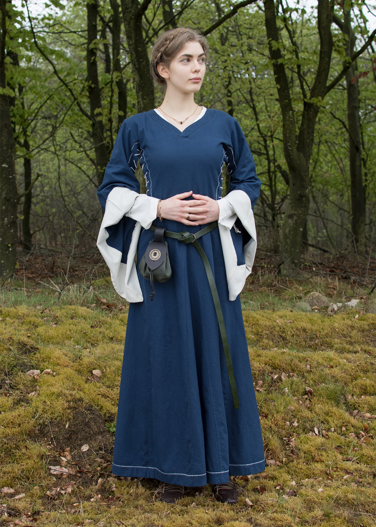 Mittelalterkleid mit Höllenfenstern, Bliaut Amal, blau/natur, Größe XXL