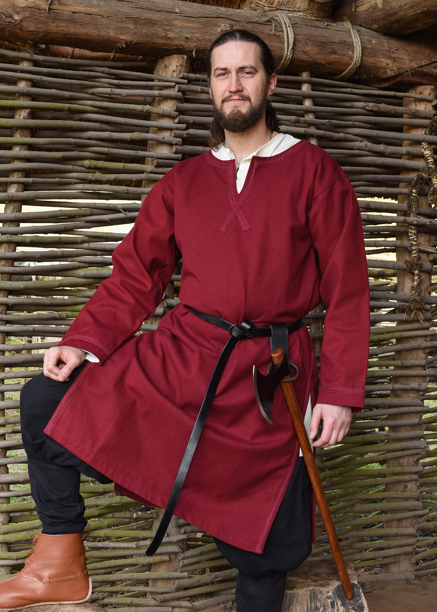 Mittelalter Tunika Albrecht mit Borte, langarm, weinrot, Größe L
